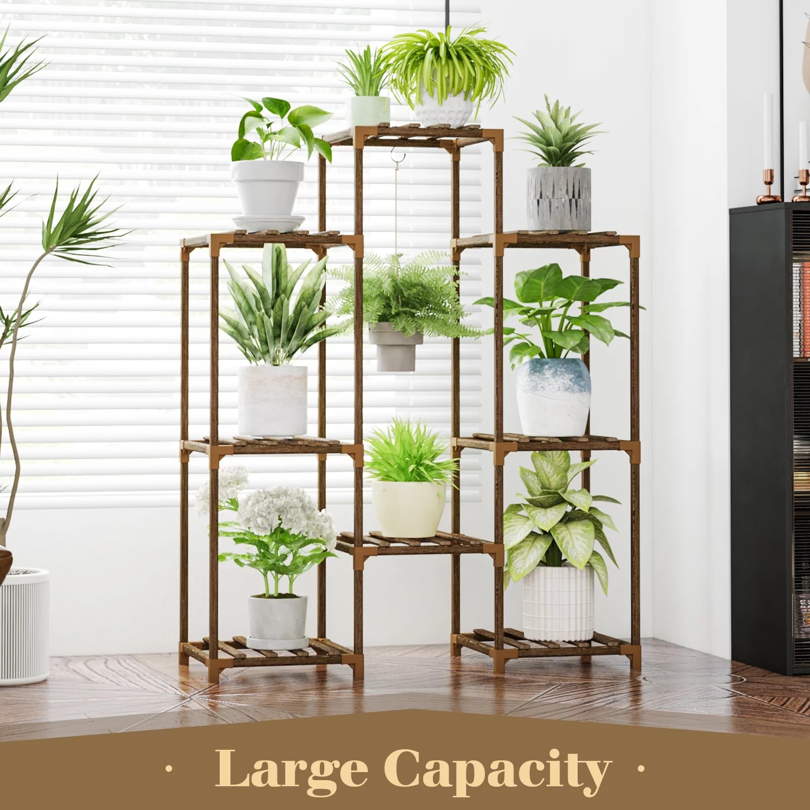 Tiered Wooden Plant Stand for 8 Pots - Versatile Indoor/Outdoor Ladder Shelf with Hanging Design for Living Room, Patio, Balcony, and Garden