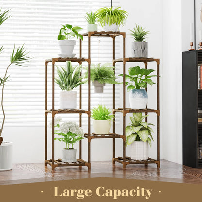 Tiered Wooden Plant Stand for 8 Pots - Versatile Indoor/Outdoor Ladder Shelf with Hanging Design for Living Room, Patio, Balcony, and Garden