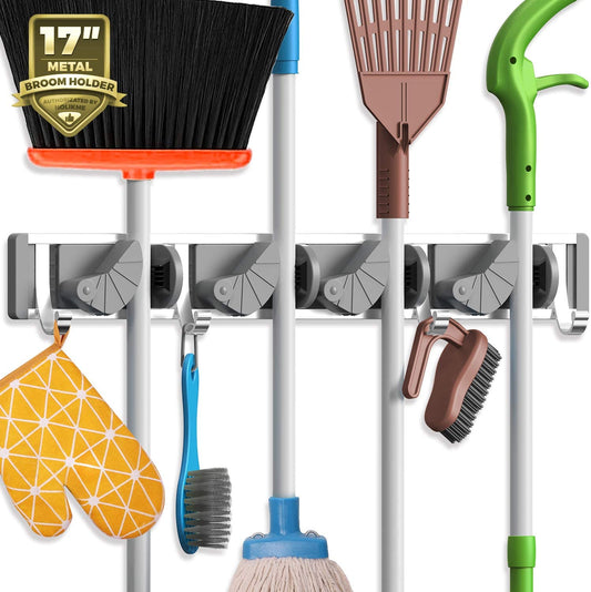 Metal Wall-Mounted Mop and Broom Holder for Pantry and Garden Organization - 4 Position Storage Solution with Hooks (Silver)