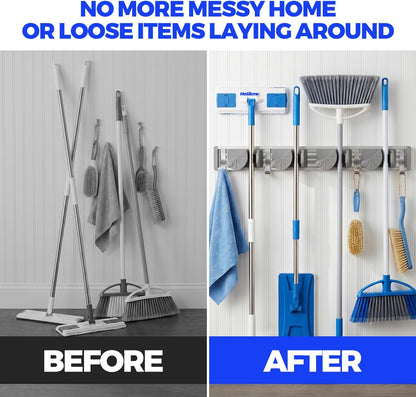 Metal Wall-Mounted Mop and Broom Holder for Pantry and Garden Organization - 4 Position Storage Solution with Hooks (Silver)
