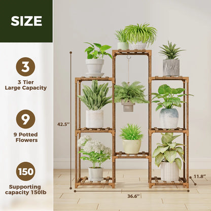 Tiered Wooden Plant Stand for 8 Pots - Versatile Indoor/Outdoor Ladder Shelf with Hanging Design for Living Room, Patio, Balcony, and Garden