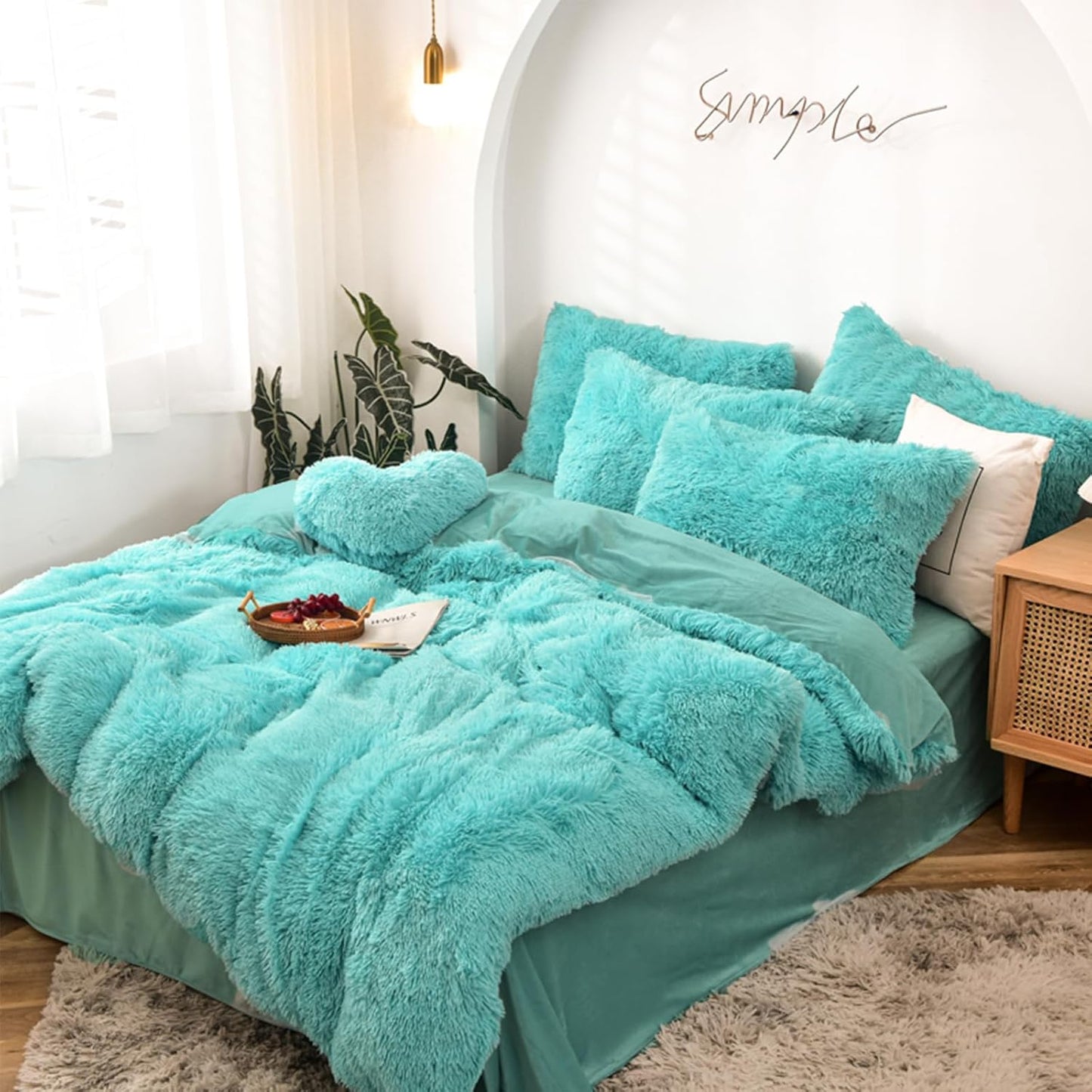 5-Piece Luxury Shaggy Duvet Cover Bedding Set - Ultra Soft Long Faux Fur (Aqua, Full/Queen)