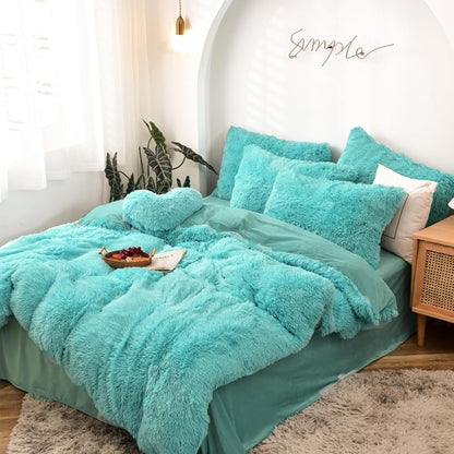 5-Piece Luxury Shaggy Duvet Cover Bedding Set - Ultra Soft Long Faux Fur (Aqua, Full/Queen)