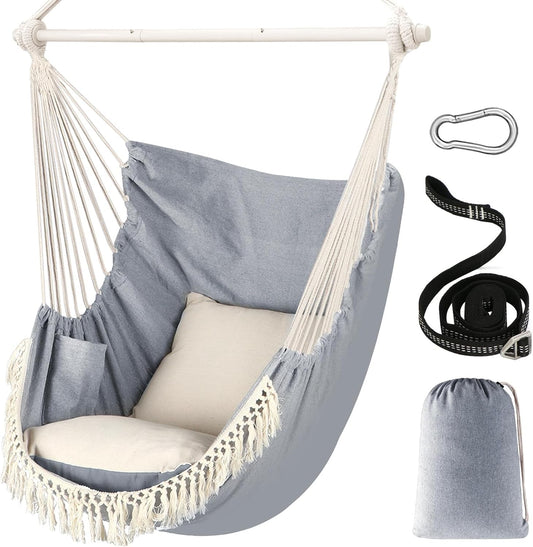 Hammock Chair with 500 lbs Capacity, Two Cushions, Spreader Bar, and Carabiner Strap