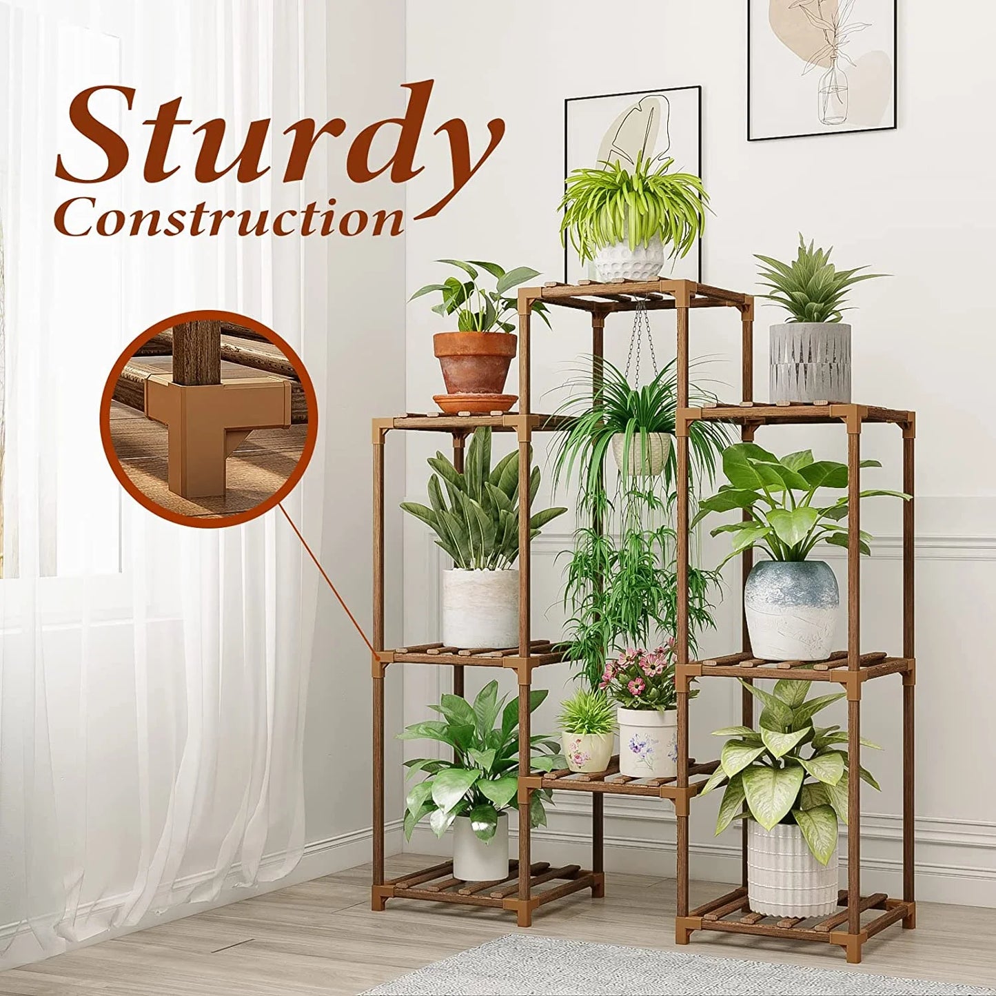 Tiered Wooden Plant Stand for 8 Pots - Versatile Indoor/Outdoor Ladder Shelf with Hanging Design for Living Room, Patio, Balcony, and Garden