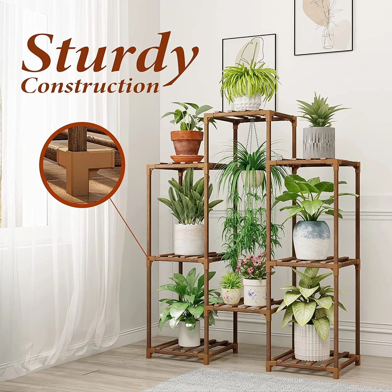 Tiered Wooden Plant Stand for 8 Pots - Versatile Indoor/Outdoor Ladder Shelf with Hanging Design for Living Room, Patio, Balcony, and Garden
