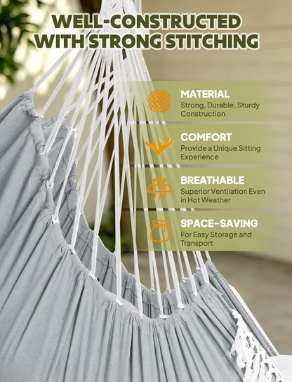 Hammock Chair with 500 lbs Capacity, Two Cushions, Spreader Bar, and Carabiner Strap
