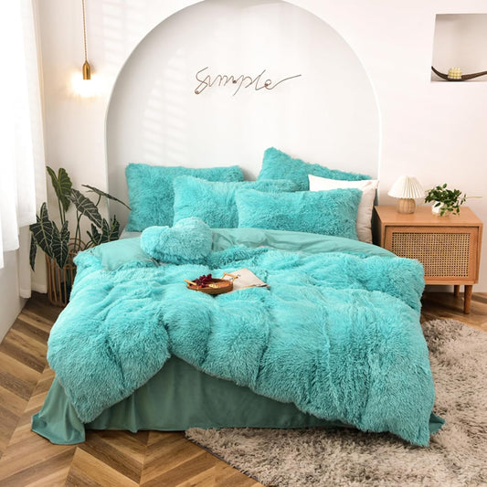 5-Piece Luxury Shaggy Duvet Cover Bedding Set - Ultra Soft Long Faux Fur (Aqua, Full/Queen)