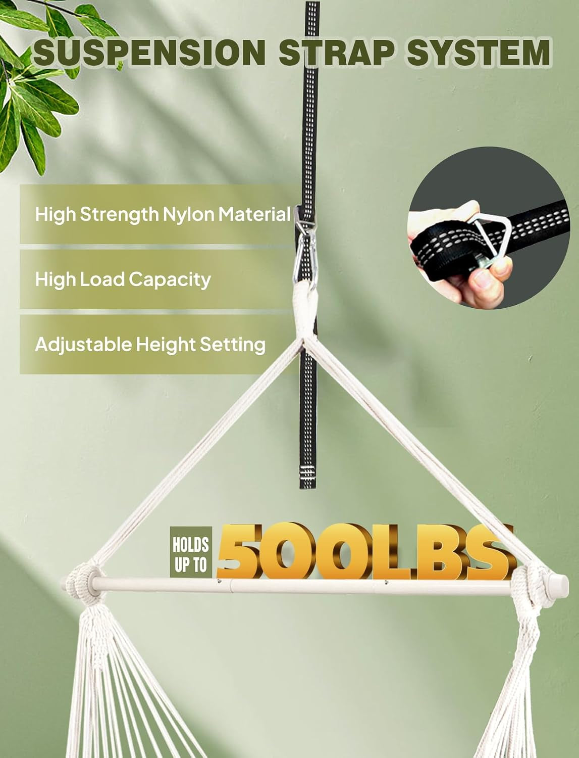 Hammock Chair with 500 lbs Capacity, Two Cushions, Spreader Bar, and Carabiner Strap