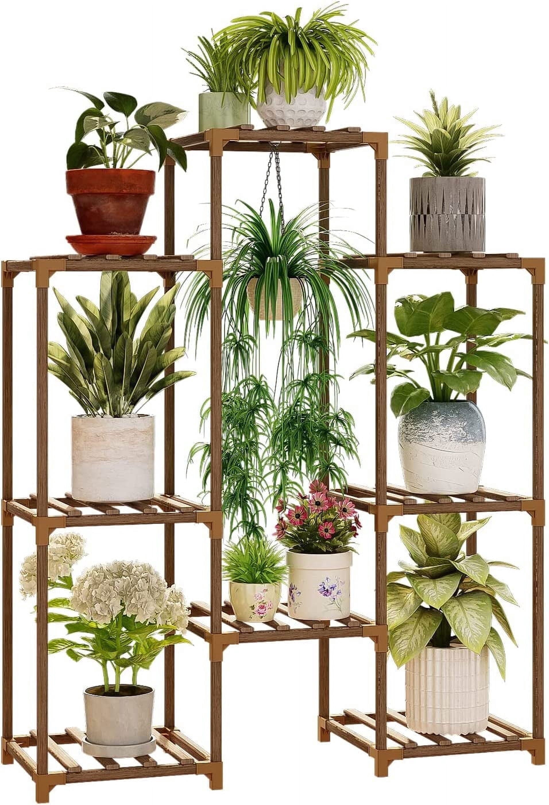 Tiered Wooden Plant Stand for 8 Pots - Versatile Indoor/Outdoor Ladder Shelf with Hanging Design for Living Room, Patio, Balcony, and Garden