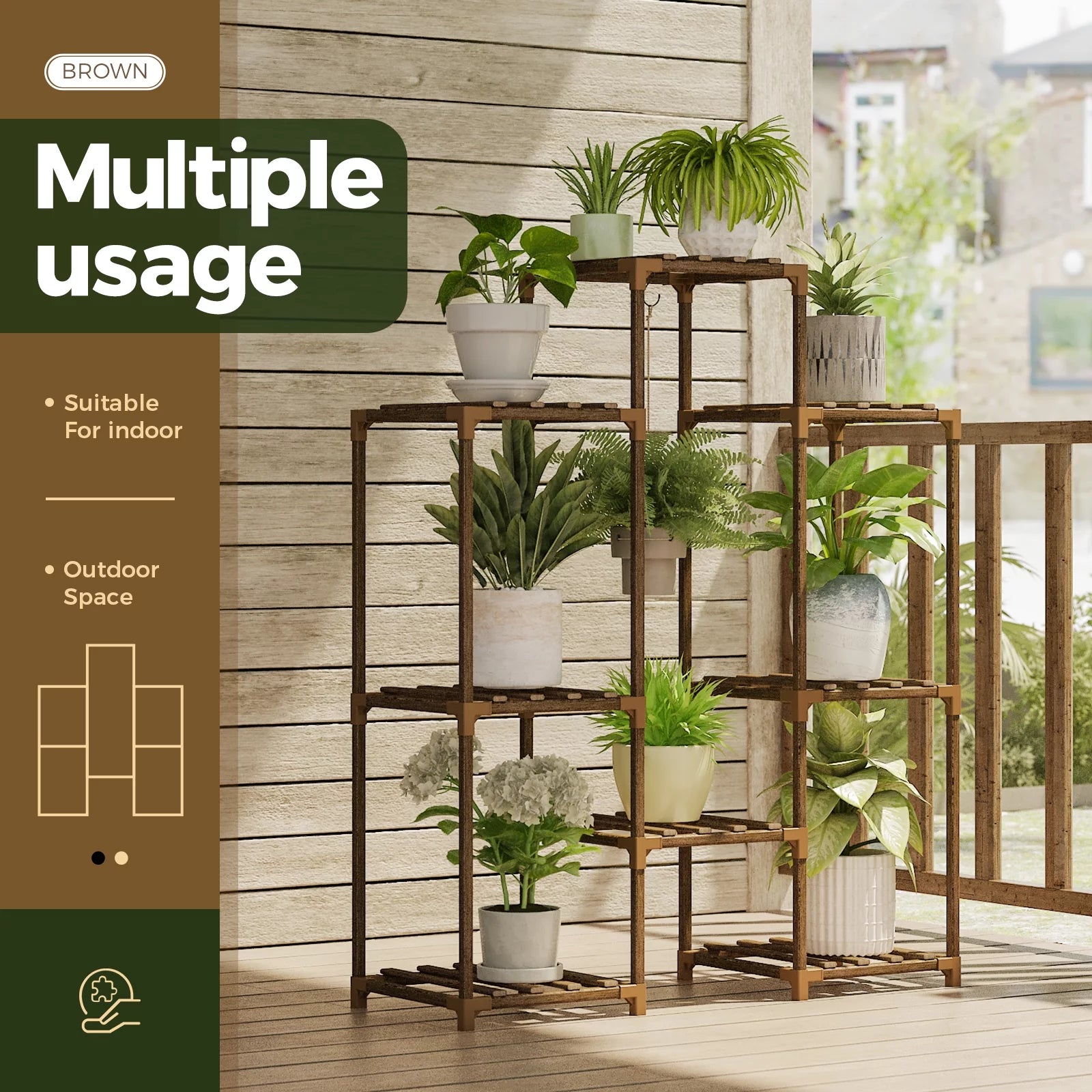 Tiered Wooden Plant Stand for 8 Pots - Versatile Indoor/Outdoor Ladder Shelf with Hanging Design for Living Room, Patio, Balcony, and Garden