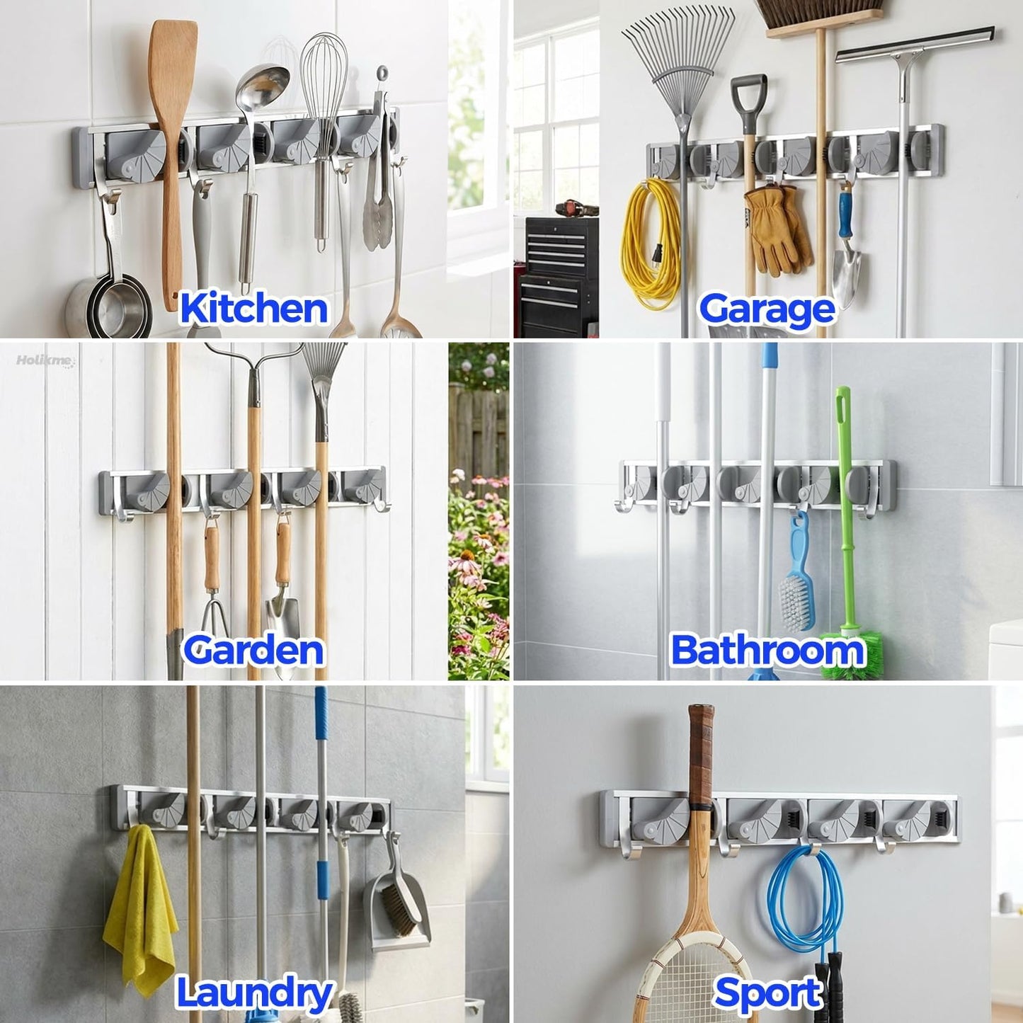 Metal Wall-Mounted Mop and Broom Holder for Pantry and Garden Organization - 4 Position Storage Solution with Hooks (Silver)