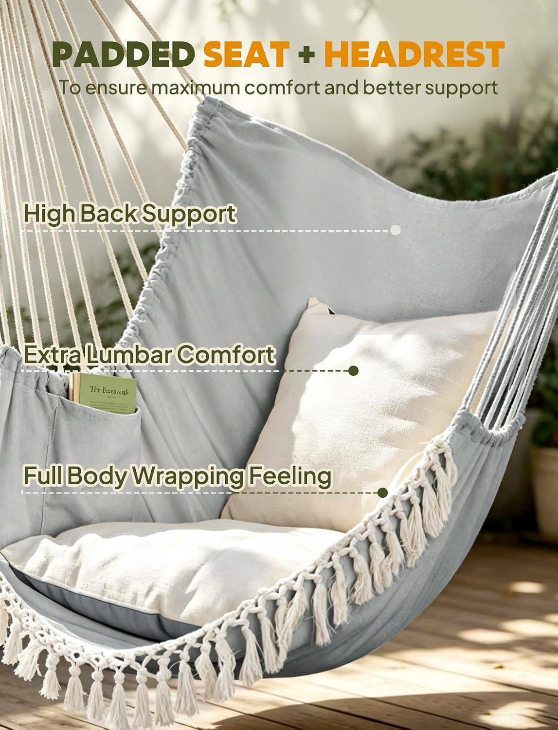 Hammock Chair with 500 lbs Capacity, Two Cushions, Spreader Bar, and Carabiner Strap