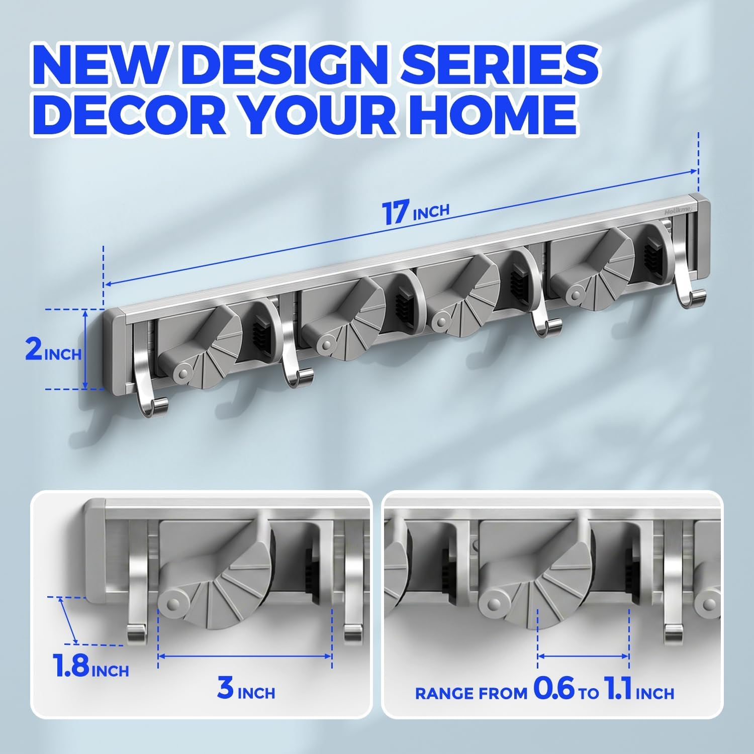 Metal Wall-Mounted Mop and Broom Holder for Pantry and Garden Organization - 4 Position Storage Solution with Hooks (Silver)