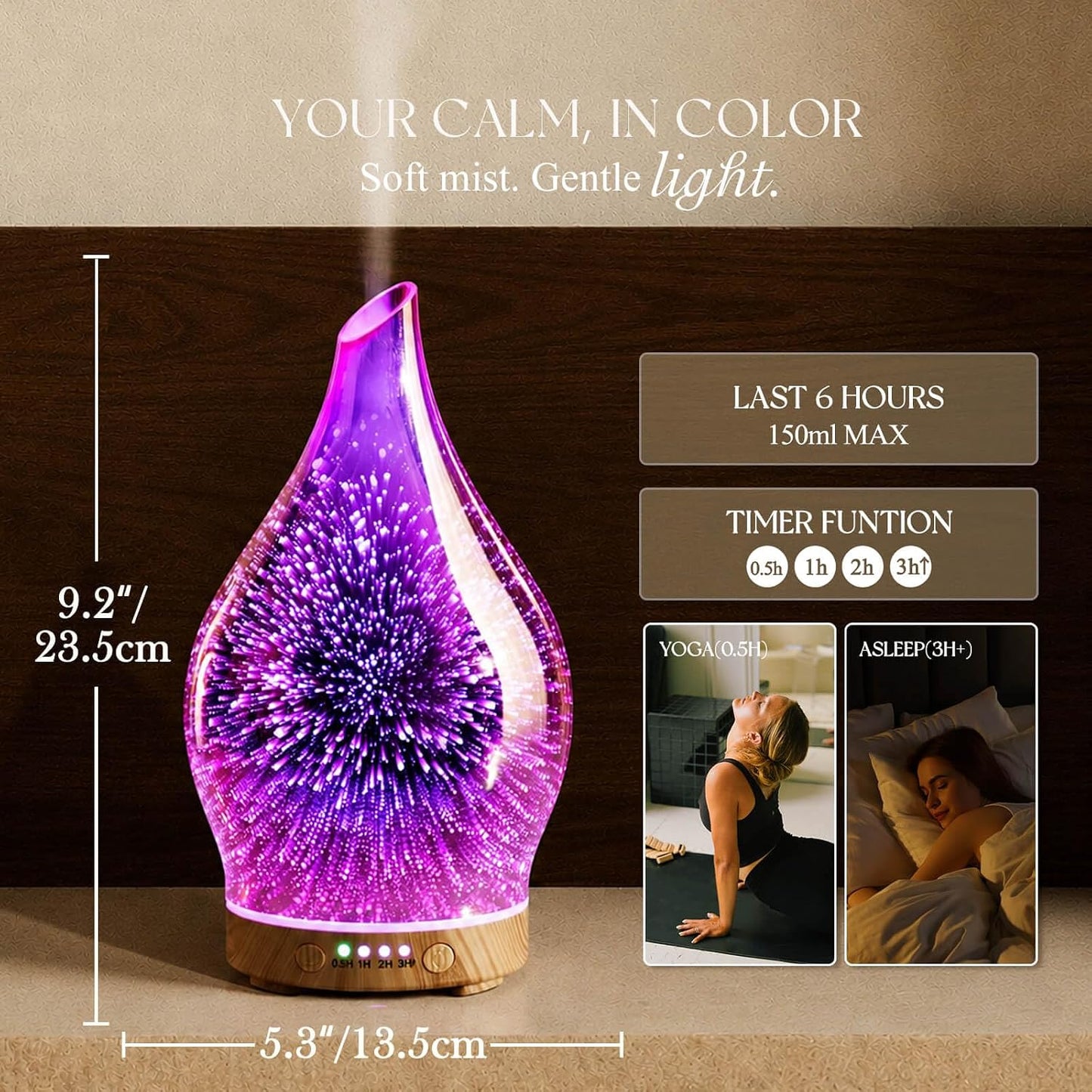 Essential Oil Diffuser 150Ml Handmade Glass Diffuser 6H Runtime