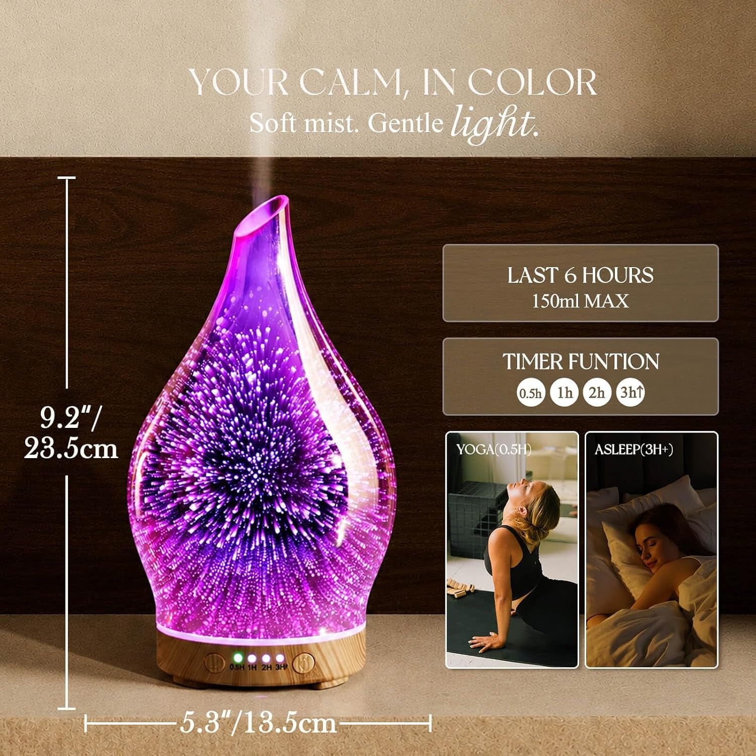 Essential Oil Diffuser 150Ml Handmade Glass Diffuser 6H Runtime