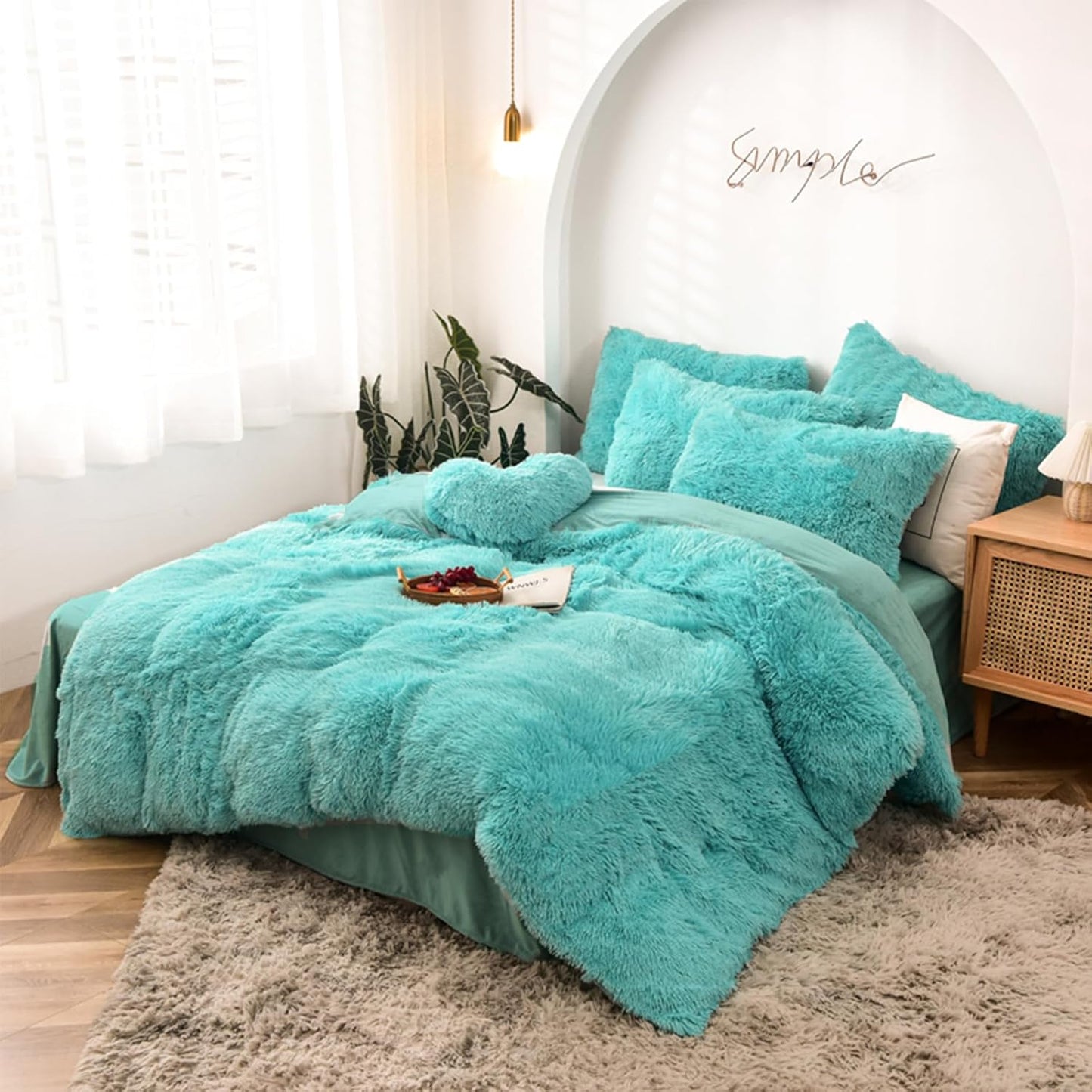 5-Piece Luxury Shaggy Duvet Cover Bedding Set - Ultra Soft Long Faux Fur (Aqua, Full/Queen)