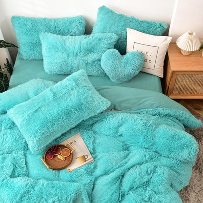 5-Piece Luxury Shaggy Duvet Cover Bedding Set - Ultra Soft Long Faux Fur (Aqua, Full/Queen)