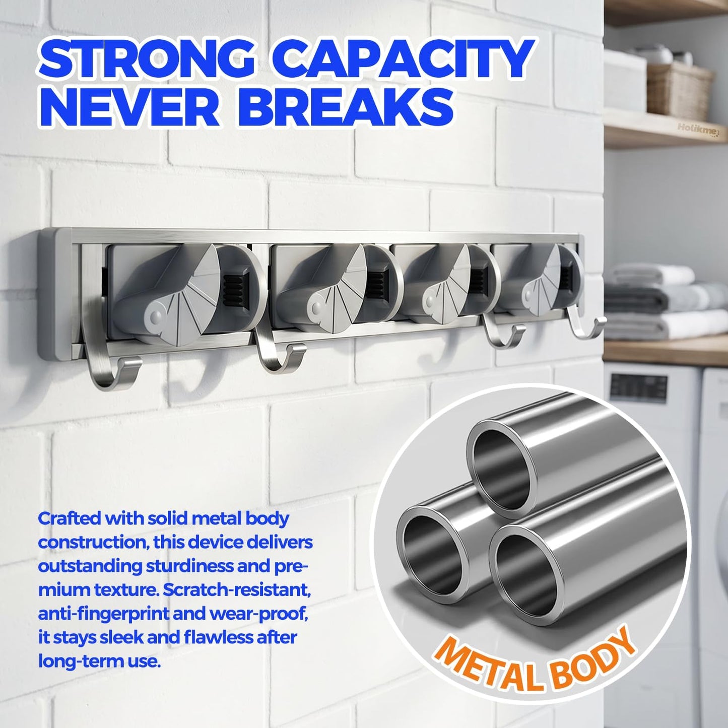 Metal Wall-Mounted Mop and Broom Holder for Pantry and Garden Organization - 4 Position Storage Solution with Hooks (Silver)
