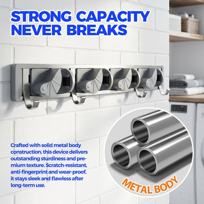 Metal Wall-Mounted Mop and Broom Holder for Pantry and Garden Organization - 4 Position Storage Solution with Hooks (Silver)