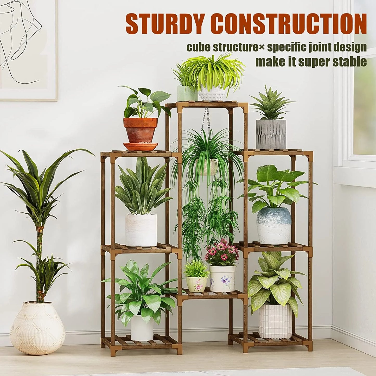 Tiered Wooden Plant Stand for 8 Pots - Versatile Indoor/Outdoor Ladder Shelf with Hanging Design for Living Room, Patio, Balcony, and Garden