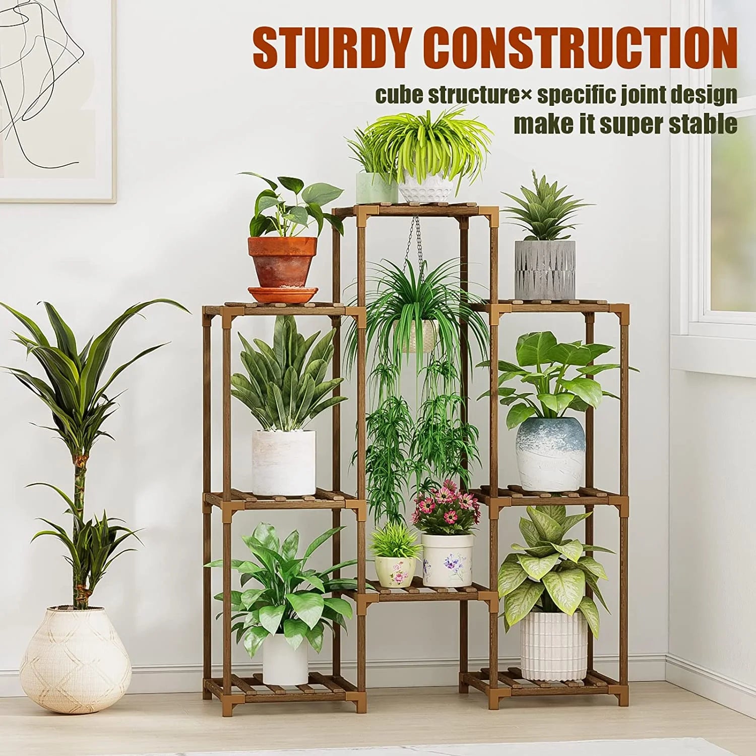 Tiered Wooden Plant Stand for 8 Pots - Versatile Indoor/Outdoor Ladder Shelf with Hanging Design for Living Room, Patio, Balcony, and Garden