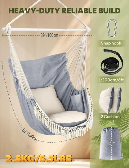 Hammock Chair with 500 lbs Capacity, Two Cushions, Spreader Bar, and Carabiner Strap