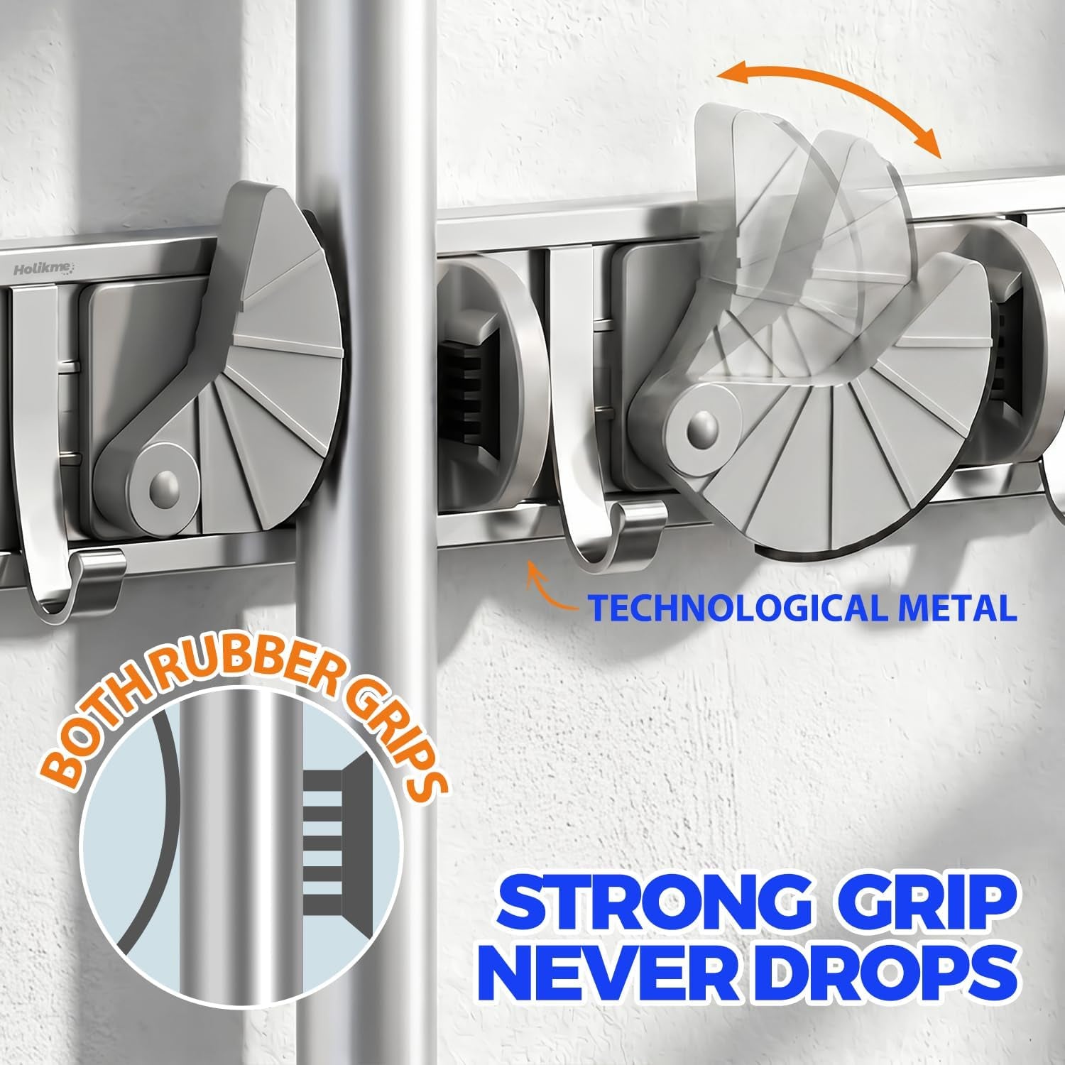 Metal Wall-Mounted Mop and Broom Holder for Pantry and Garden Organization - 4 Position Storage Solution with Hooks (Silver)
